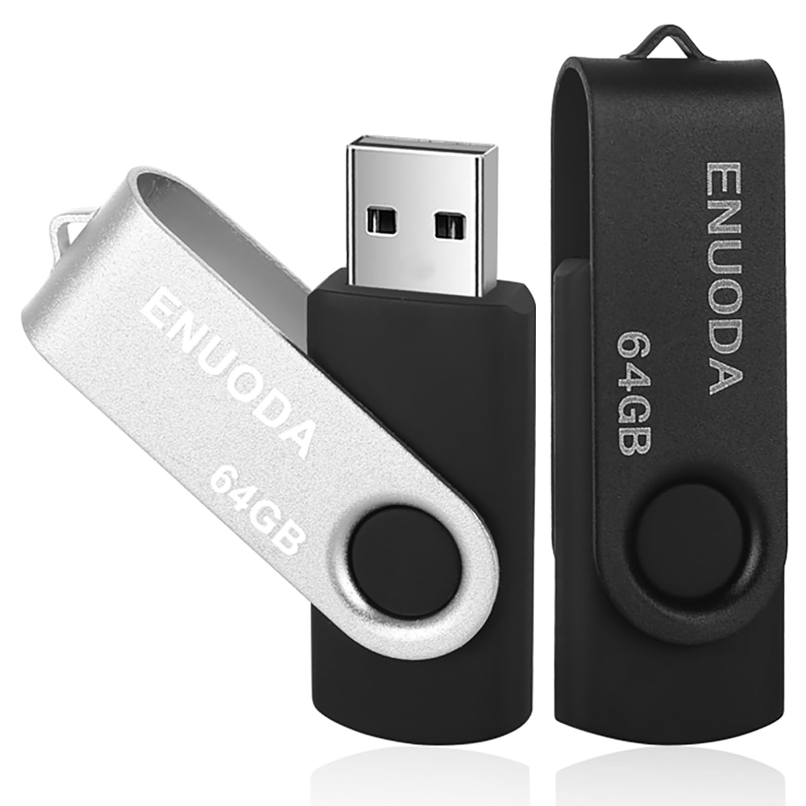 ENUODA Memory Stick 64GB 2 Pack USB 2.0 Flash Drive Swivel Design Fold Storage Thumb Drive (Silver Black)
