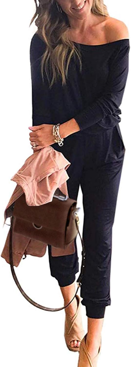 PRETTYGARDEN Women's Casual Long Sleeve Jumpsuit Crewneck One Off Shoulder Elastic Waist Stretchy Romper with Pockets