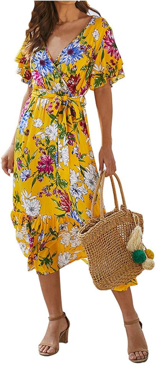 Amlaiworld Women Wrap Dress Casual Spring Summer Floral VNeck Printing
