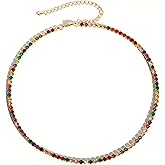 18K Gold Plated Tennis Choker Necklace for Women Non Tarnish Colorful Cubic Zirconia Necklace Rainbow Crystal CZ Choker Necklaces Multicolor Sparkly Gemstones Necklaces Jewelry Gifts Trendy Stuff