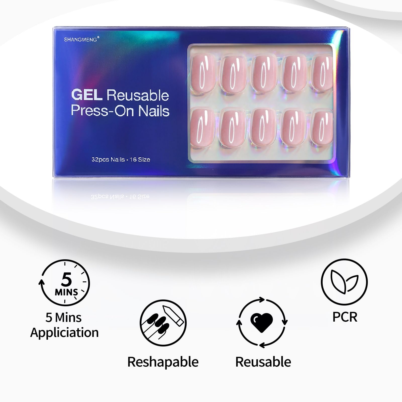 SHANGMENG Pink Chrome Press on Nails Square - Soft Gel Press on Nails Short for Women Gift, Glossy Stick on Nails with Glue in 16 Sizes - 32 Reusable Fake Nails, Aurora Light Pink - Image 4