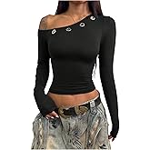 Milumia Women's Off Shoulder Long Sleeve Crop Top Grommet Slim Fit Going Out Tee Tops