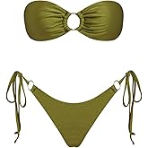 VOLAFA Women's Triangle Bikini Sets Bandeau O Ring Strapless Side Tie Thong Swimsuit Two Piece Bathing Suit