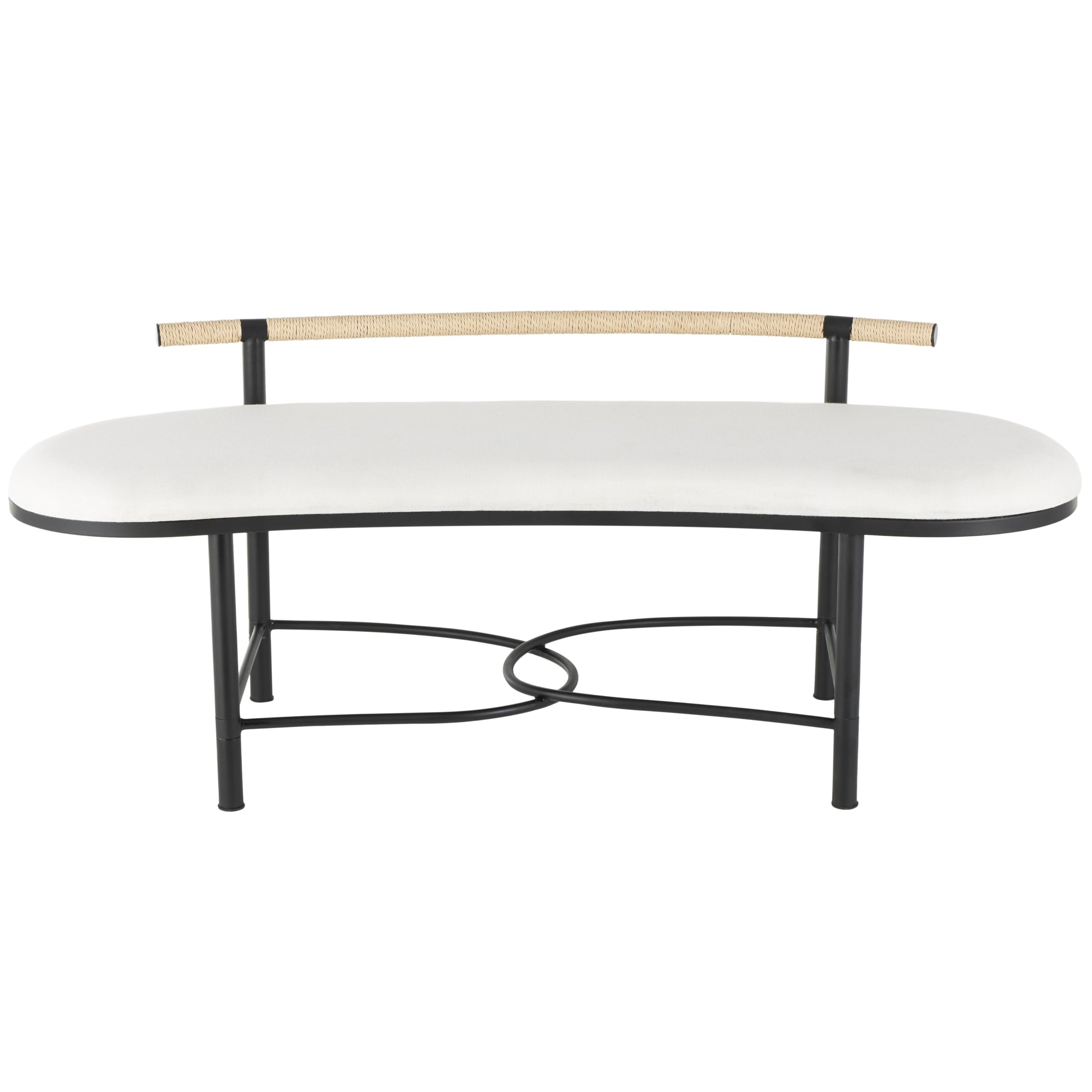 Photo 1 of ***PARTIAL SET***
Deco 79 Metal Abstract Home Bench Upholstered Oval Entryway Bench with Black Metal Frame and Rope Rod Backrest, Bedroom Bench 60" x 23" x 24", White