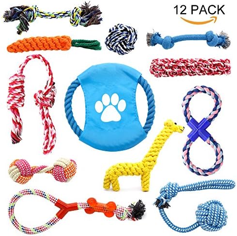 Dog Chew Toys Rope Pet Toy Durable Chew Ropes Rubber Ball Disc Toy for Small to Medium Dogs. 12 Mixed Duarable Pet Cleaning Chewing Biting Toys