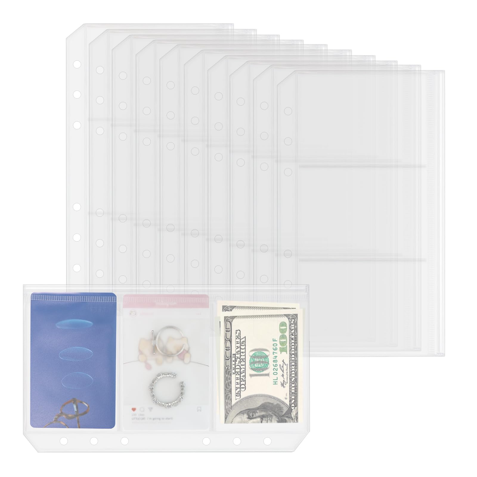 Photo 1 of 10 Pack Multi-Compartment Zippered Binder Pocket Sleeves for 6 Ring A6 Binder - Frosted Divided Zipper Pouch Money Cash Saving Budget Binder Insert Refill Card Page Protector Loose Leaf Bag (3-Pocket)