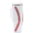 SEM LIFE 40oz Rhinestone Softball Tumbler - Insulated Stainless Steel, Handle & Straw, Yellow