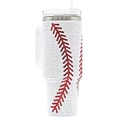SEM LIFE 40 Oz Rhinestone Bling Tumbler Cup with Handle and Straw (BASEBALL), Stainless Steel and Double Wall Insulated