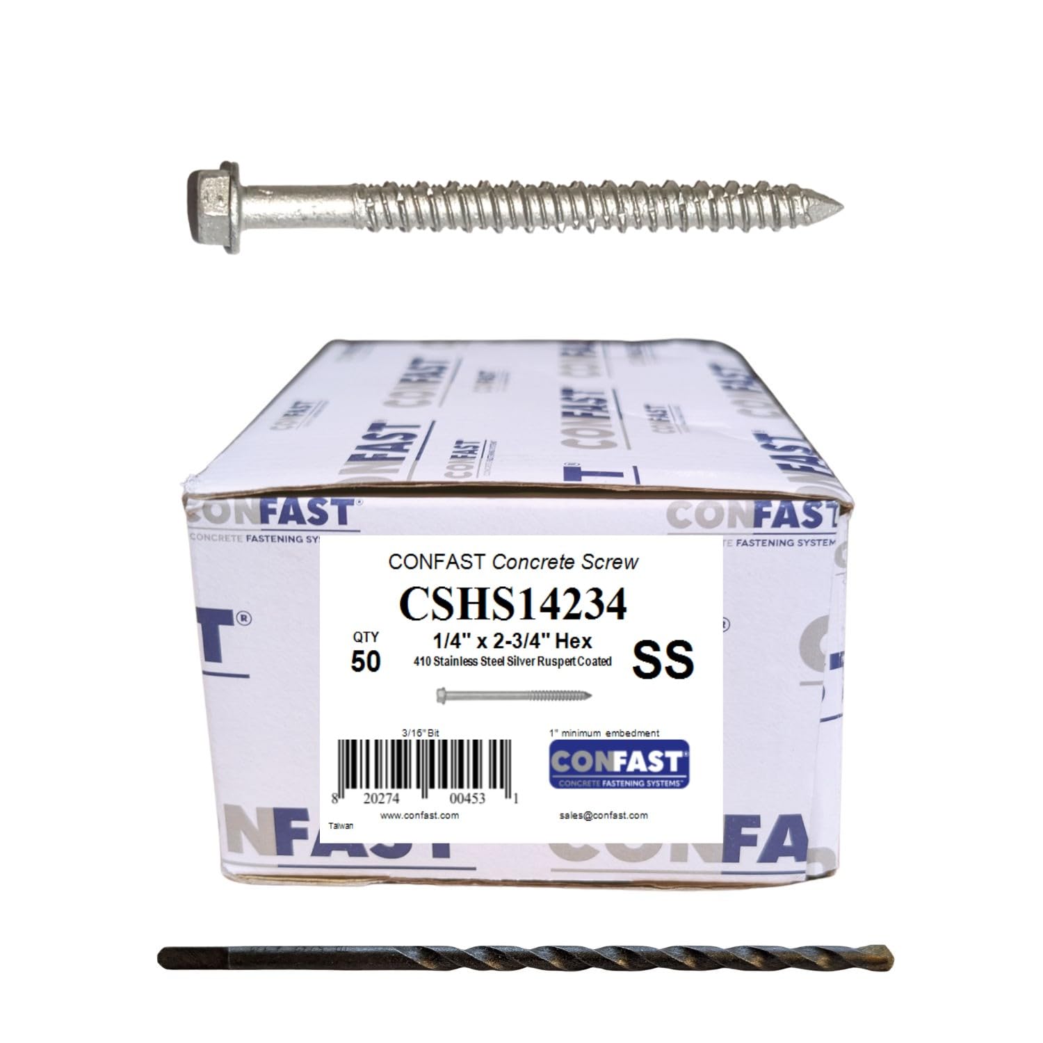 CONFAST 1/4" x 2-3/4" Concrete Screws 410 Stainless Steel Hex with Concrete Drill Bit for Anchoring to Masonry, Block or Brick (50 per Box)