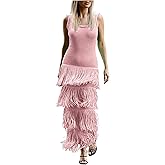 Womens Sleeveless Dresses for Women Boat Neck Maxi Long Fringe Crochet Tassel Plain Fall Summer Dresses 2026