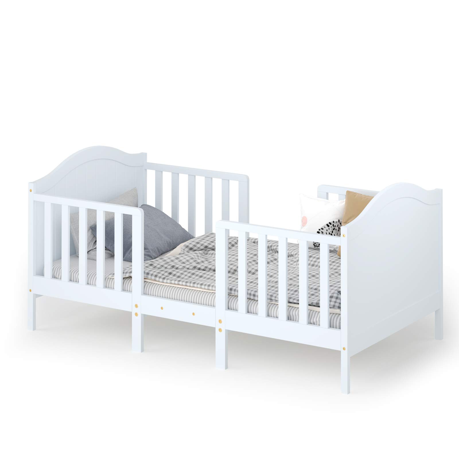 Costzon 2 en 1 cama para niños pequeños convertibles, cama clásica para niños de madera con 2 barandillas laterales, pie de campo para seguridad adicional, marco de cama para niños se convierte en dos sillas/sofá/cunas, regalo para niña (blanco)