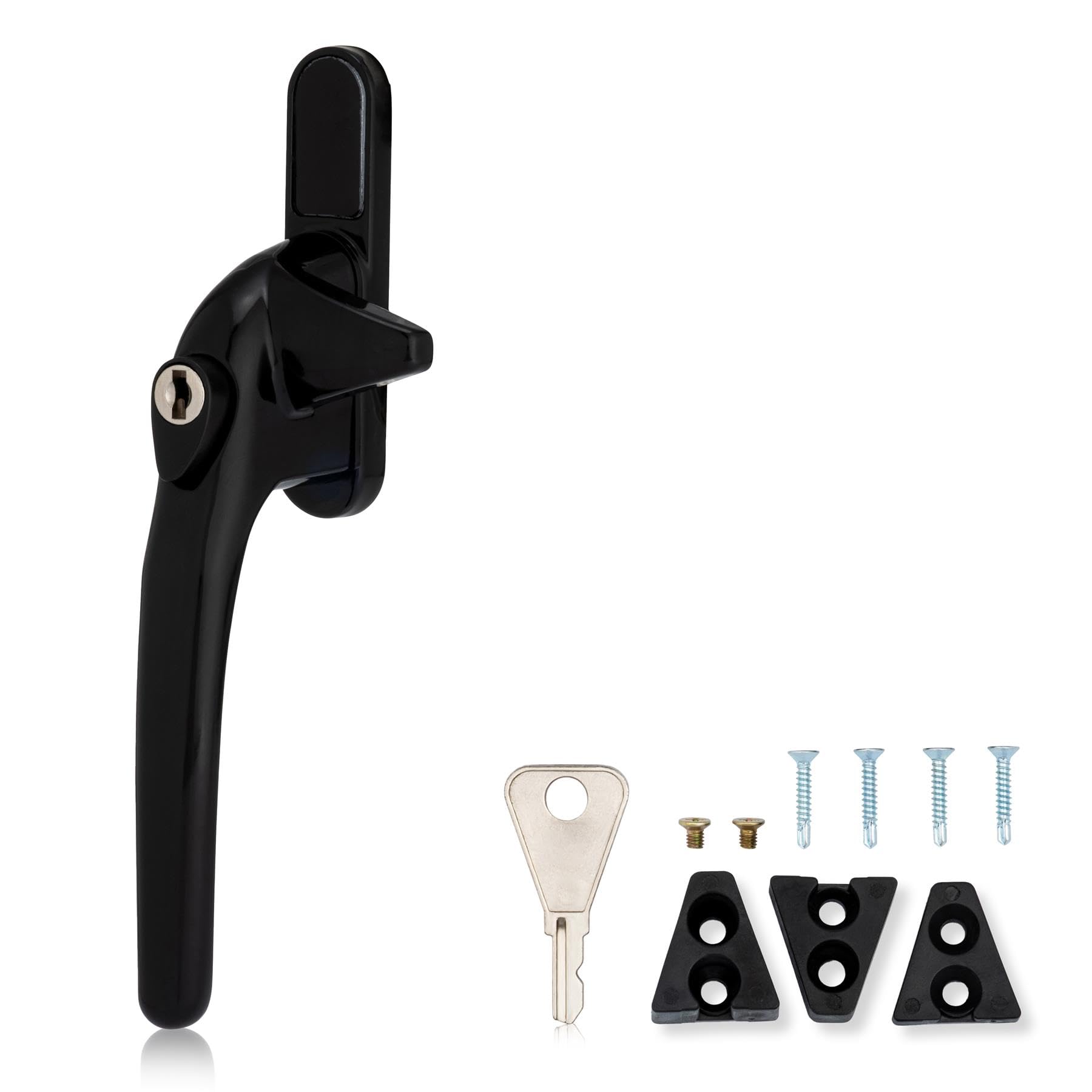 XFORT Locking Cockspur Window Handle Installation Kit in Black, Left Hand UPVC Window Handle Replacement, Lockable Window Lever