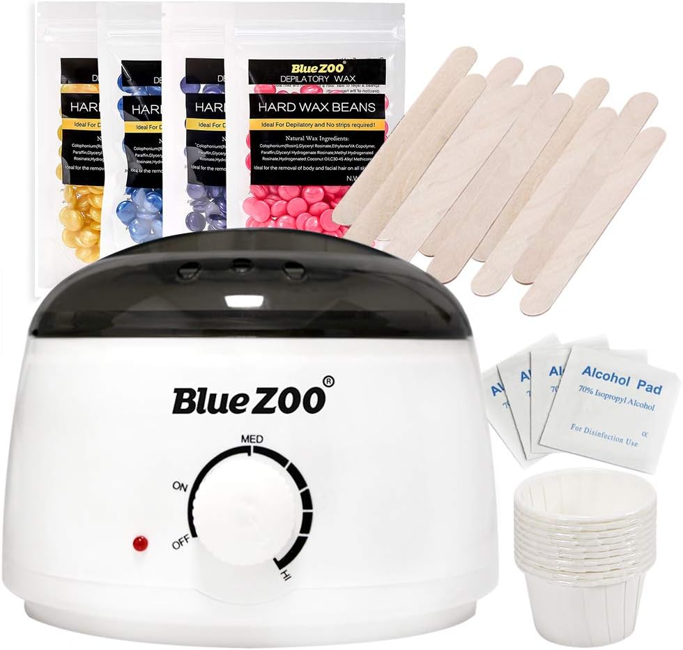 BlueZOO Home Waxing Kit Wax Warmer for Body Face Bikini Area Legs Hair Removal with 4 Packs of Hard Wax Beans 10pcs Wax Applicator Sticks 10pcs Mini Melting Cups and 5pcs Cleaning Pads
