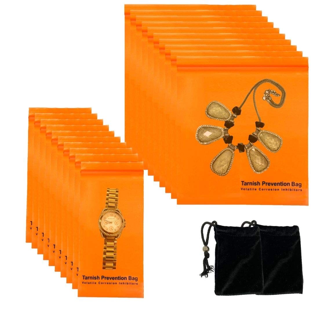 A-ONE Rust Proof VCI Bags with Zipper, Rust Prevention Zip Lock Bags for Jewelry, 3.2" X 6" (10 PCS), 6" X 6" (10 PCS) + Velvet Bags (Without Tarnish Prevention Function) 2 PCS