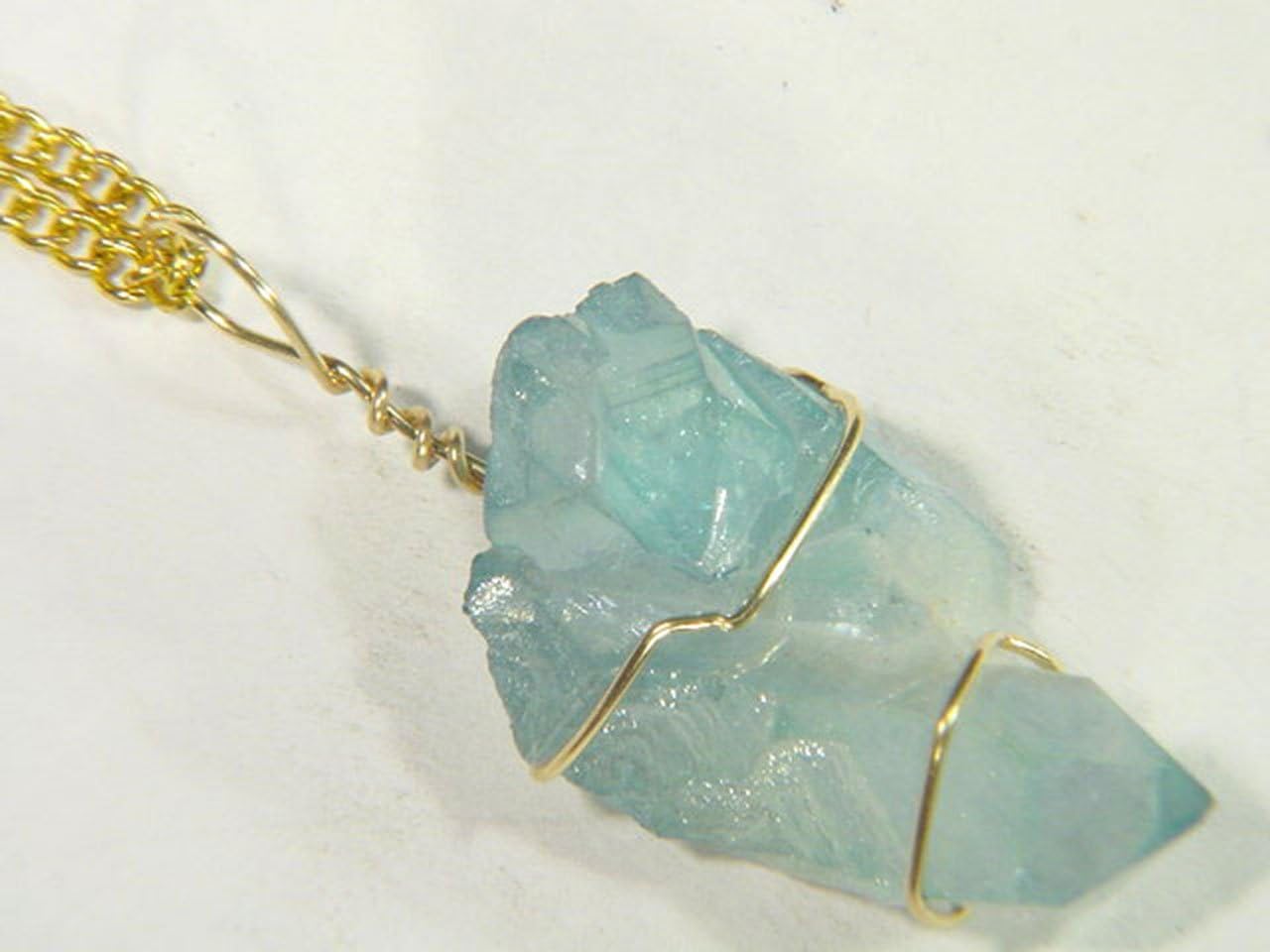 14kt Gold Filled Hand Wire Wrapped Aqua Aura Fume Quartz Crystal Pendant with GP Chain Necklace 0627D h