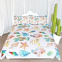 ARIGHTEX Cute Ocean Creatures Bedding, Seashell Bedding Duvet Cover Set, Beach Themed Duvet Covers (Queen)