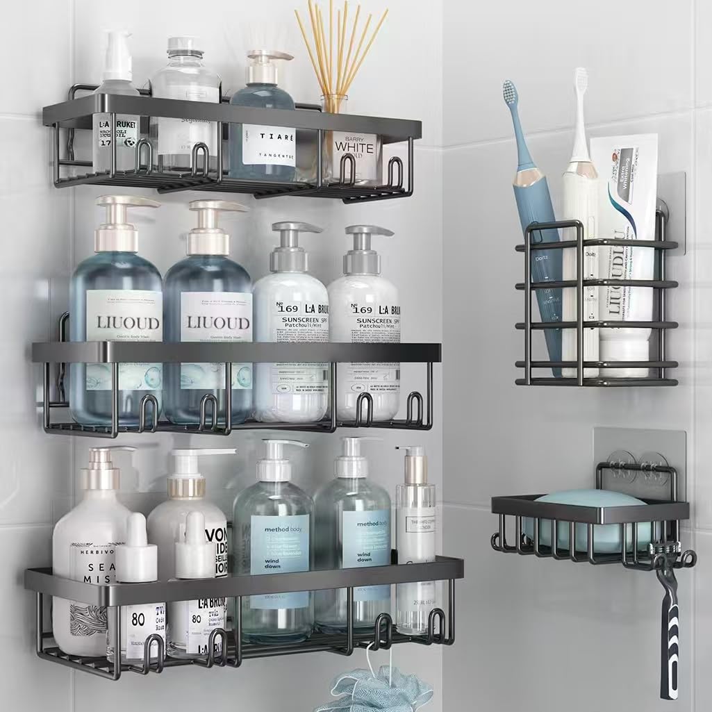 Photo 1 of Liuoud 5 Pack Shower Caddy Organizer Rack Shelf for Inside Shower, Self Adhesive Bathroom Wall Storage Basket Rustproof Stainless Steel Large Capacity Shampoo Holder, Dark Grey