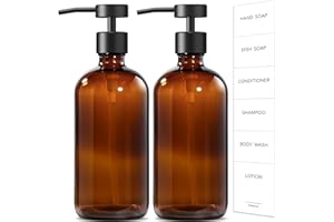GM GMISUN GMISUN Amber Glass Soap Dispenser, 2 Pack Bathroom Hand Soap Dispenser with Stainless Steel Flat Pump, 16Oz Kitchen Hand and Dish Soap Dispenser Set, Modern Vintage Liquid Brown Soap Dispensers Bottle