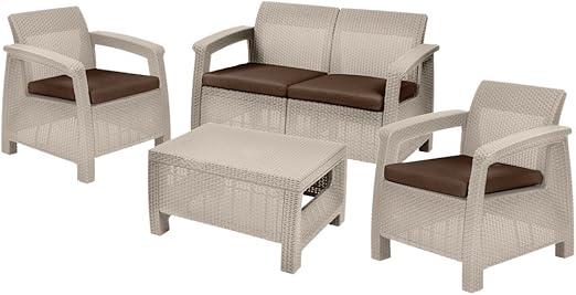 Keter Corfu Rattan Garden Furniture Set Sand: Amazon.co.uk: Kitchen & Home
