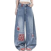 kakarin choyx Women's Cute High Waisted Straight Leg Jeans Y2K Fashion Fringe Plaid Patchwork Embroidered Denim Pants