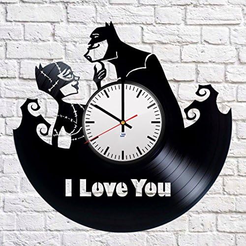 Modern Vinyl Record Wall Clock With Batman Catwoman I Love You Design - Unique Bedroom Wall Decor - Original Gift Idea For Men and Women - Exclusive DC Comics Fan Art