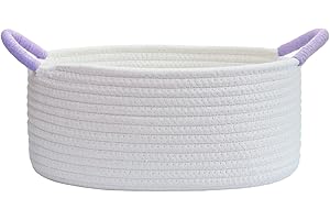 Yimi's Dream Empty Gift Baskets, Cute Woven Baskets for Storage, Small White Cotton Rope Baskets with Purple Handles for Women, Baby, Kid’s, Pets Storage(Oval, 12"x 8"x 5")