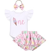 FYMNSI Baby Girls Mouse 1st Birthday Outfit Sunflower Peach ONE Romper + Tutu Shorts + Headband for Cake Smash Photo Props