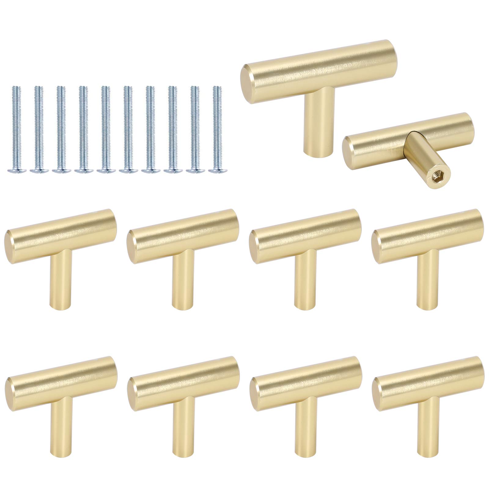 unknow OUBTDK 10PCS Gold Drawer Knobs Gold Single Hole Gold Cabinet Knobs with Screws T Bar Kitchen Cabinet Handle Solid Brushed Rustproof Pull for Furniture Cupboard Drawer 49mm/1.93inch Length