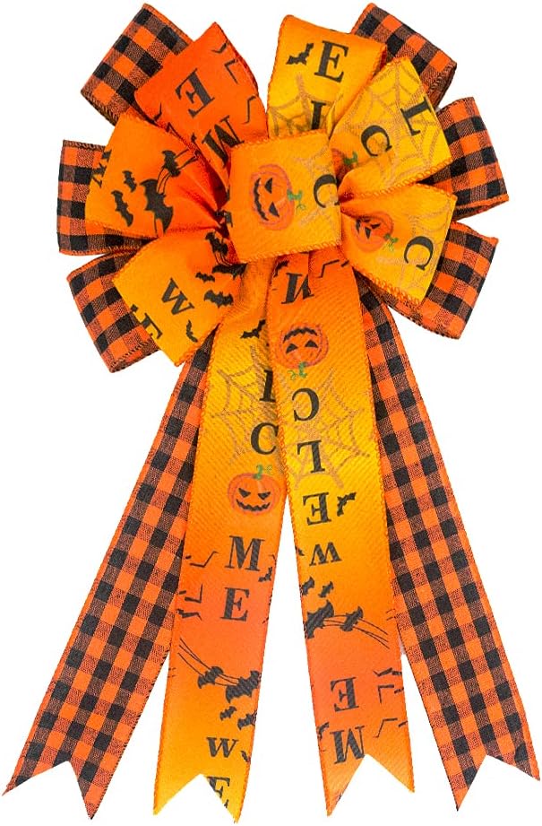 Bows & Ribbons - ABTOLS Halloween Wreath Bow Large Halloween Bow Tree Topper Black Orange Buffalo Plaid Pumpkin Ghost Bat Patterns Gift Bows for Halloween Party Holiday Home Indoor Outdoor Basket Ornaments Decorating