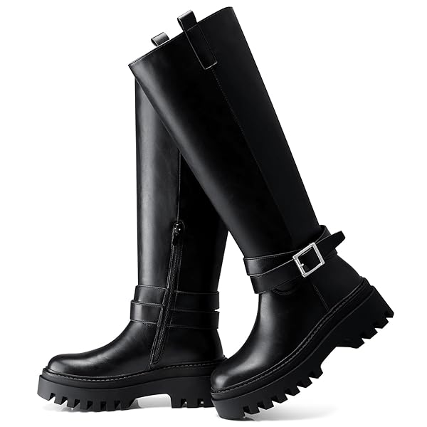 CELLENZ WOMEN KNEE HIGH BOOTS: FASHION PLATFORM BOOT – BLACK LEATHER BOOTS FOR WOMEN – WIDE CALF TALL CHUNKY FALL BOOT SIZE 6.5