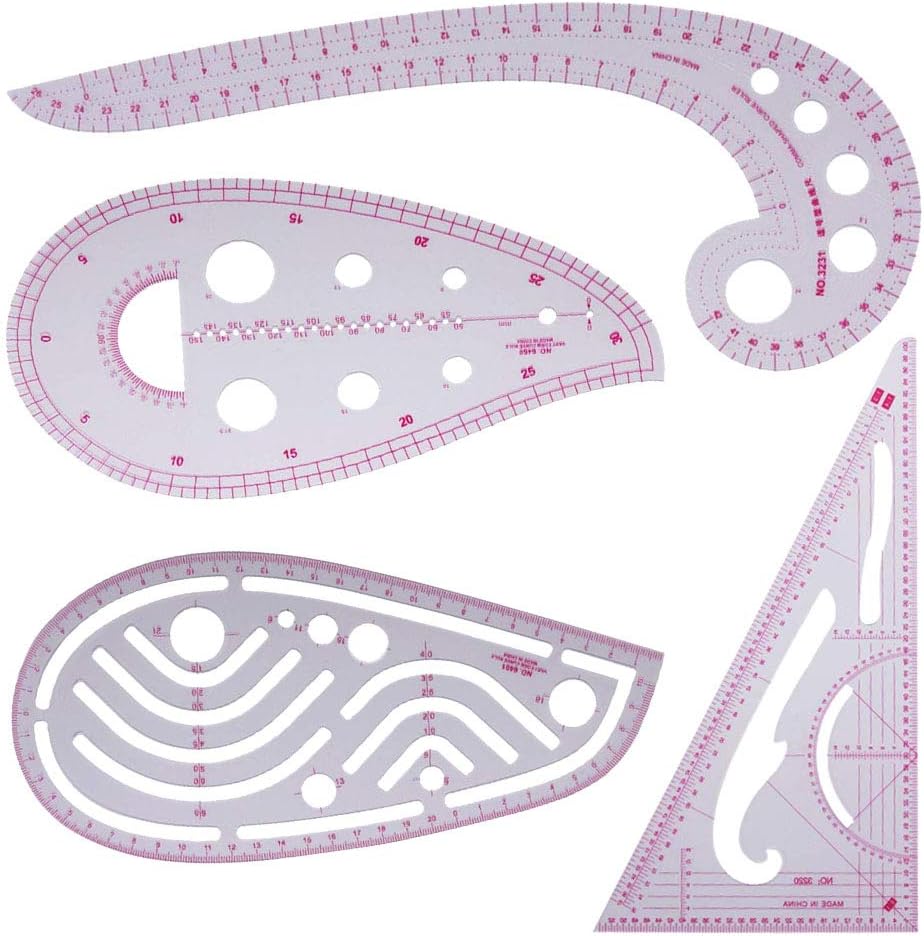 Aulufft 4pcs Sewing Ruler Set French Curve Metric Ruler Pattern Grading Ruler for Sewing Dressmaking Pattern Design Bendable Drawing Template
