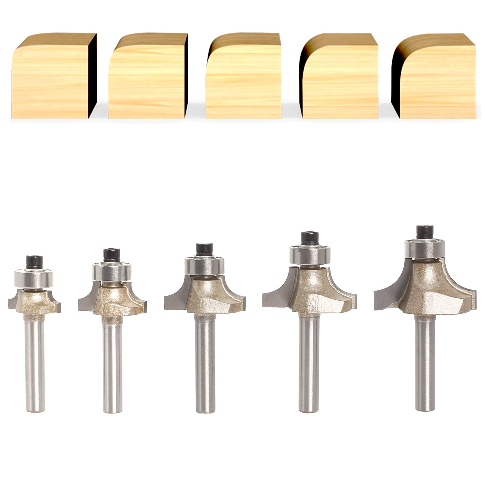 Sinoprotools Roundover Router Bits,5pcs Edge Forming Round-over Beading Router Bit Set,Corner Rounding Router Bits 1/4 Inch shank, Radius - 1/8" 3/16" 1/4" 5/16" 3/8" — image 1