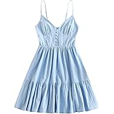 ZAFUL Women's Casual V Neck Summer Mini Dress Spaghetti Strap A-Line Short Dresses Backless Solid Color Sundress