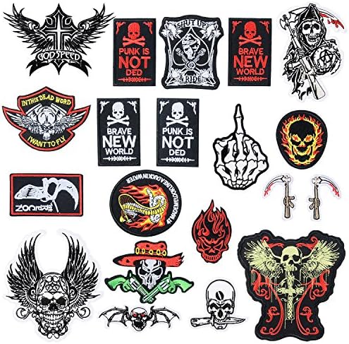 YORY 20 pack iron on patches cool punk skull sew on Fabric Embroidered patch for Jeans,Clothing,Jackets,Backpacks Motif Applique Decoration diy