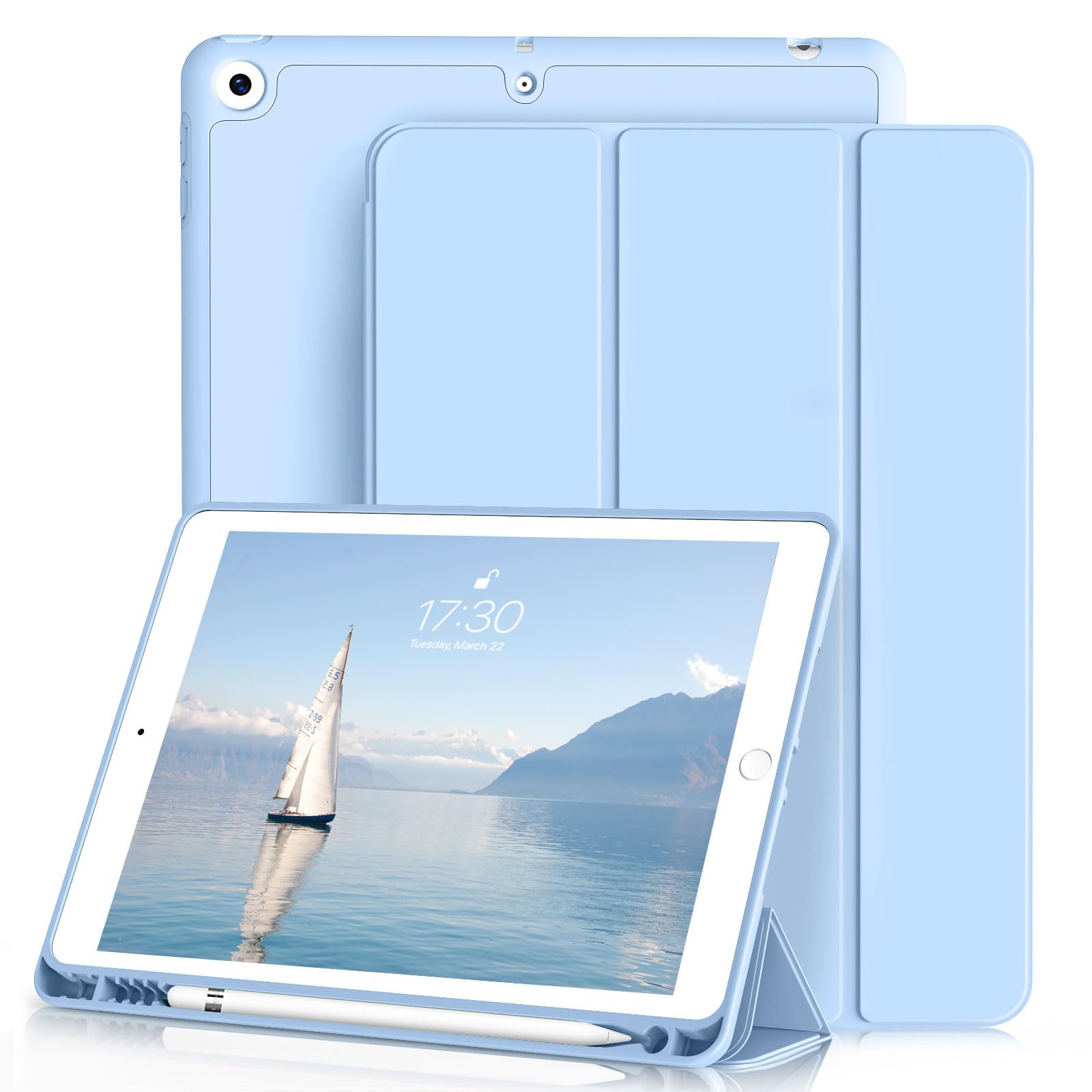 ZOYU Case for iPad 9th/8th/7th Generation with Pencil Holder, Slim Stand Smart Case with Soft TPU Back Cover, Auto Sleep/Wake for iPad 10.2 Inch 2021/2020/2019, Light Blue