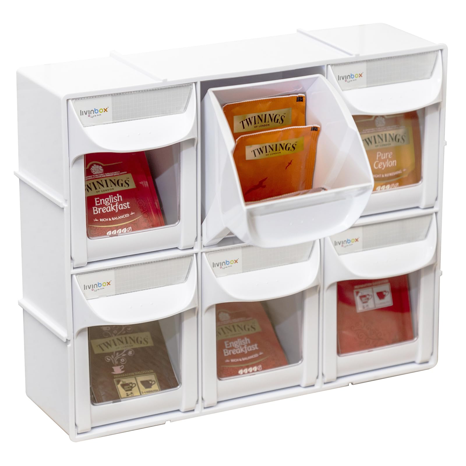 livinbox Tilt-Out Storage Bin Cabinet w/6 Compartments, Tea Bags Organizer w/Drawers, Office Stationery Bricks Craft Felting Storage, White, FO-306-WT