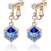 Cube Austrian Crystal Drop Clip On Dangle Earrings for Women Non Pierced 14K Rose Gold Plated Hypoallergenic Jewelry