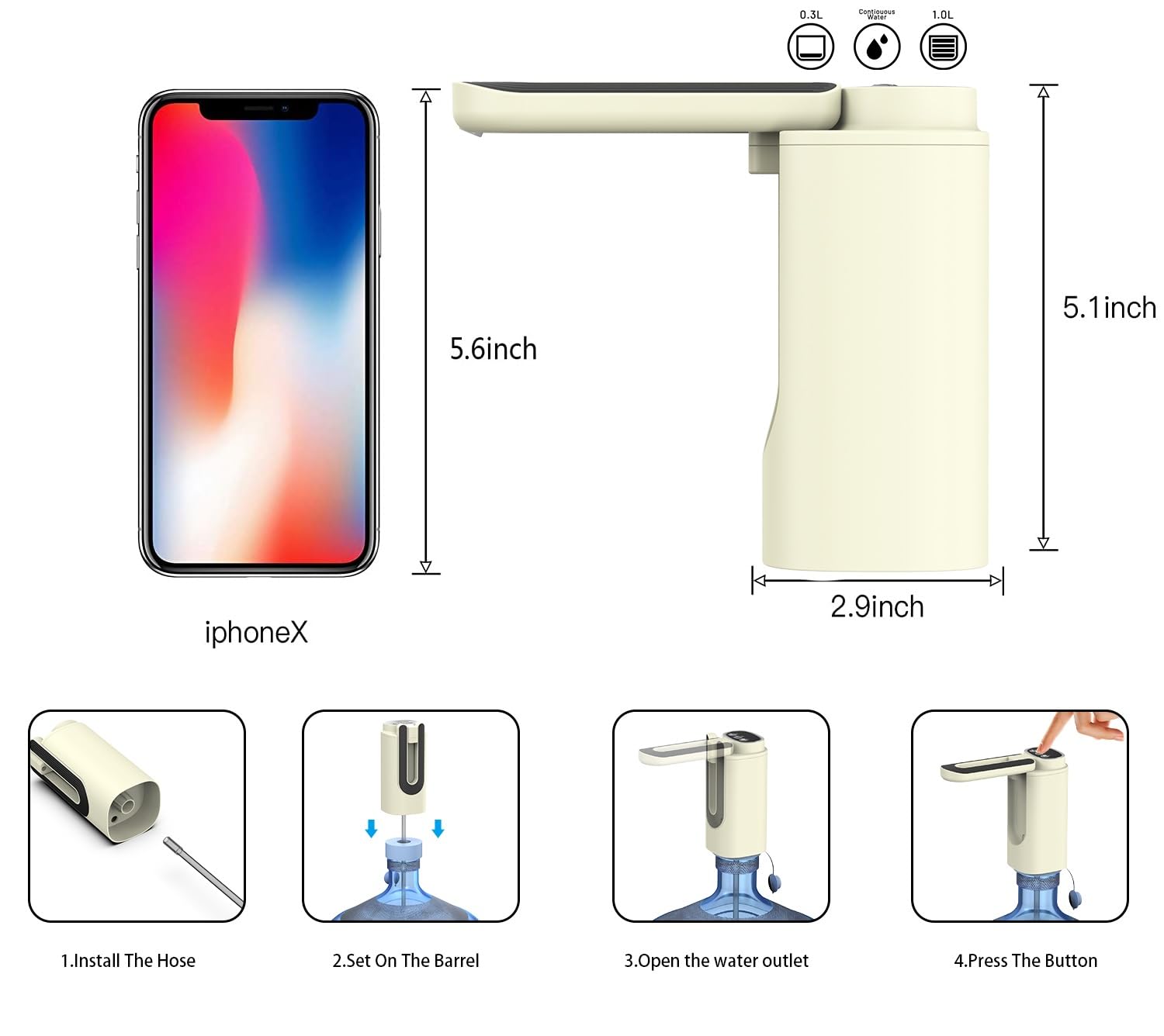 Myvision Foldable Nozzle 5 Gallon Water Dispenser, 3 Mode Water Pump for 5 Gallon Jug, Portable Electric Water Jug Dispenser for Gallon Bottle Switch (Square Folding)