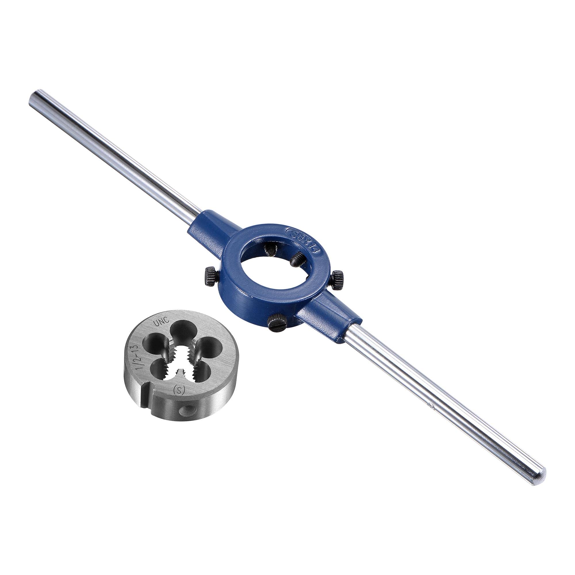 sourcing map Round Die Stock Handle Wrench Set, 1/2-13 UNC Threading Die and 38mm (1-1/2") Die Holder (Fits: 26mm-38mm OD Die / M12-M16 Thread Die) Adjustable for Bolt Thread Repair