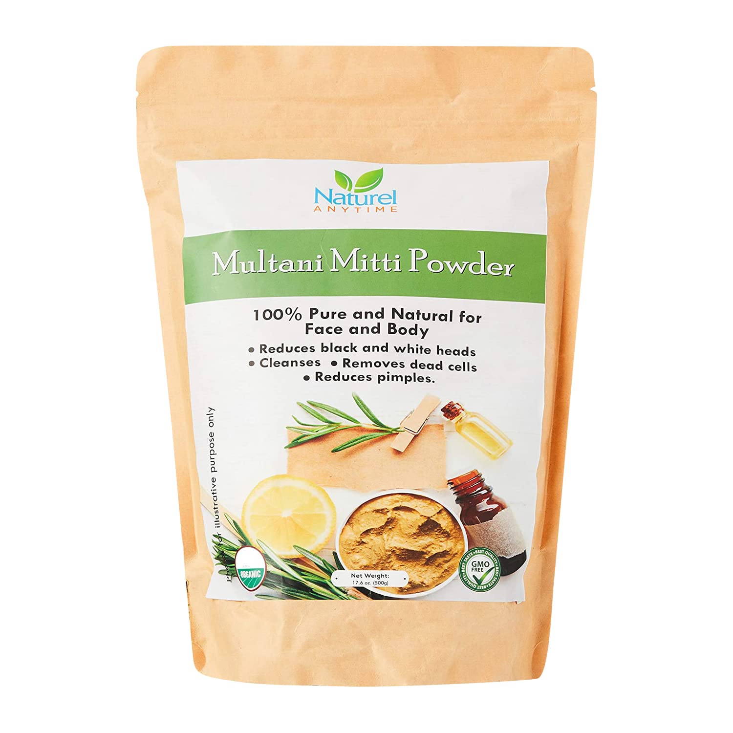 Naturel Anytime Multani Mitti Powder 500g - CPSR TESTS Fullers Earth Indian Healing Clay Mud Mask - Pure Natural Bentonite Clay for Skincare - Smooth Skin Brightening Clear Even Complexion