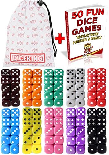 Dice Gaming Set 100 Six Sided Dice 10 Colors with Storage Bag - 50 Dice Games Book Included