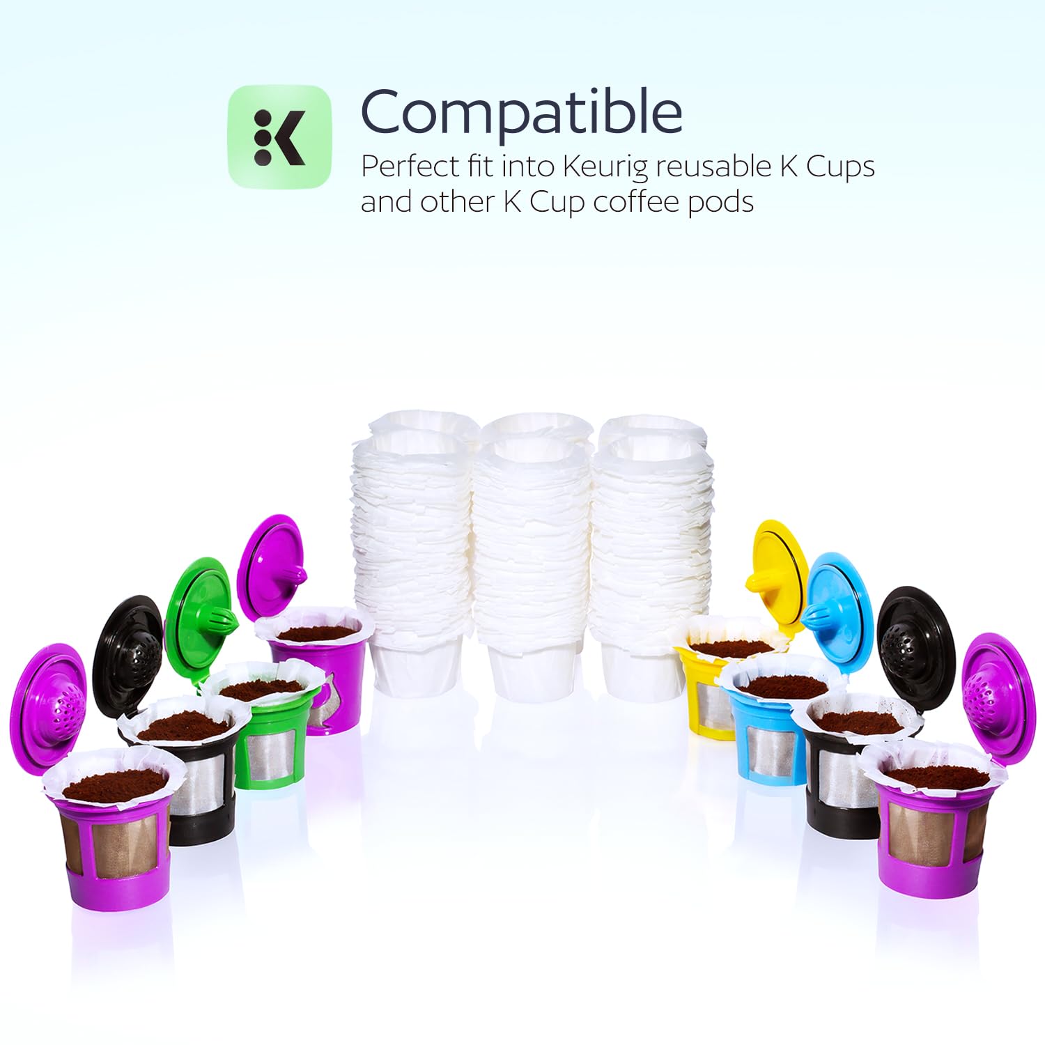 Disposable K Cup Filters, 300 Count Disposable Paper Filters for Keurig Reusable K Cups, White