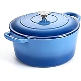 P&P CHEF 6QT Enameled Dutch Oven, Cast Iron Dutch Oven Pot with Lid for Bread Baking, Enameled Casserole Pot for Roasting Braising Stewing Frying Simmering, Various Stoves & Easy Clean, Blue