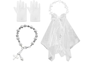 DEGPUM 3 Pcs First Communion Veil Set-First Communion Veil Wedding Hair Accessories White Floral Wreath Lace Veil Flower Crown Charm Cross Bracelet Gloves for Catholic Party Celebrations Weddings