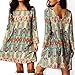 Women Bohemian Back V Neck Vintage Printed Ethnic Summer Shift Tunic Dress (8-10, green)