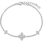 ÀIMBRACE Moissanite Bracelets for Women: Moissanite Link Clover Charm Bracelet, 925 Sterling Silver/18K White Gold Plated/Rhodium Finish, Adjustable, Clover Station, Fine Jewelry Gift Ideas for Women