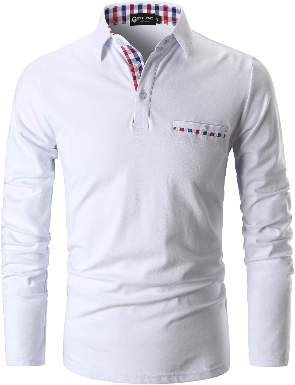 Mens Casual Long Sleeve Polo with Plaid Trim T-Shirts