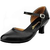 Keemi Ballroom Dance Shoes Leather Character Shoes for Women, Black Ankle Strap Dancing Heels for Latin Salsa Tango Flamenco Wedding,2.3"