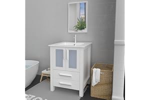 eclife 24" Bathroom Vanity Sink Combo with Overflow White Drop in Ceramic Sink Top & White MDF Modern Bathroom Cabinet & Chrome Solid Brass Faucet and Pop Up Drain with Mirror （A08B03W）