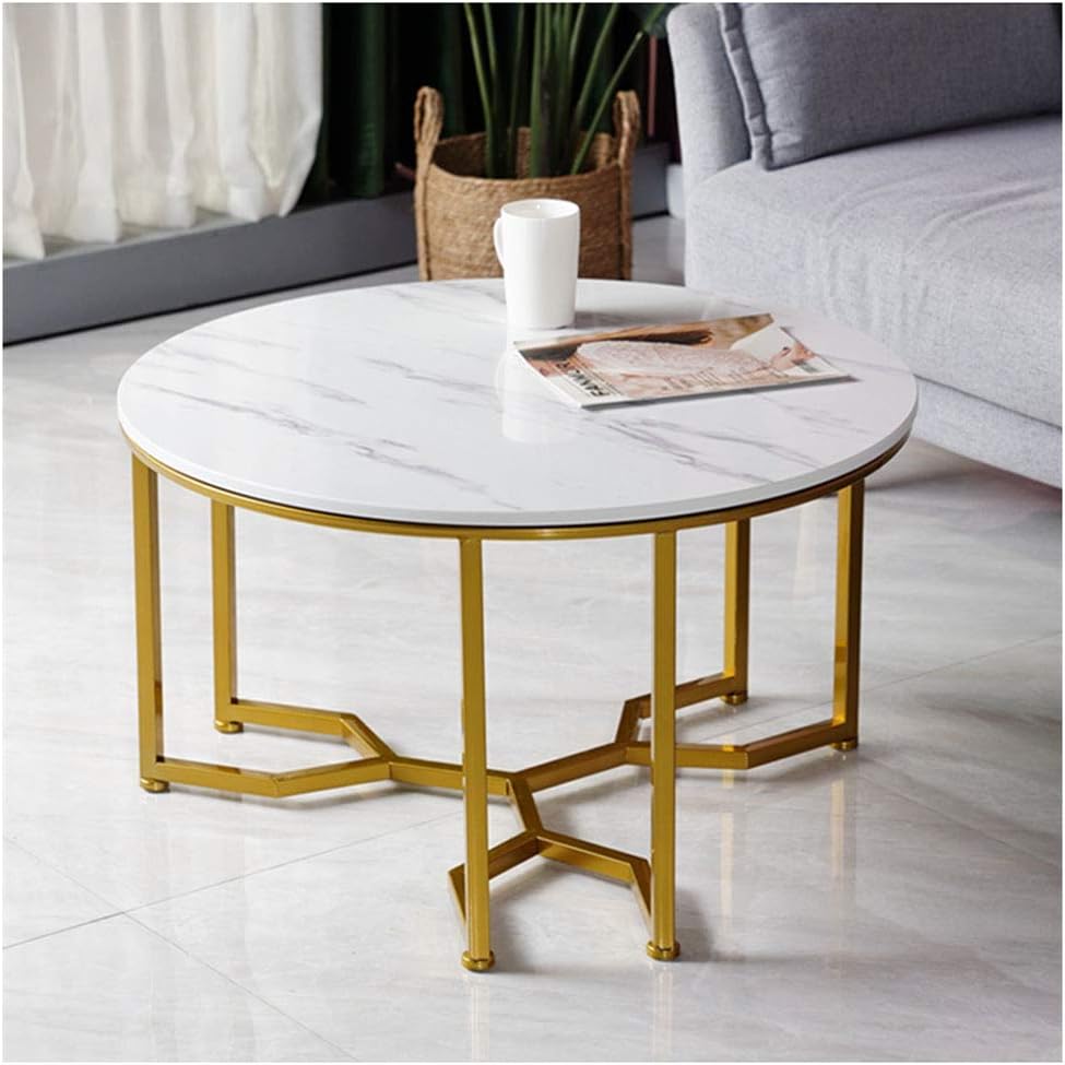 MDEOH Marble Round Casual Coffee Table Simple and Modern Coffee Table 35.4 Inches in Diameter Metal Frame for Living Room Steel Frame Coffee Table